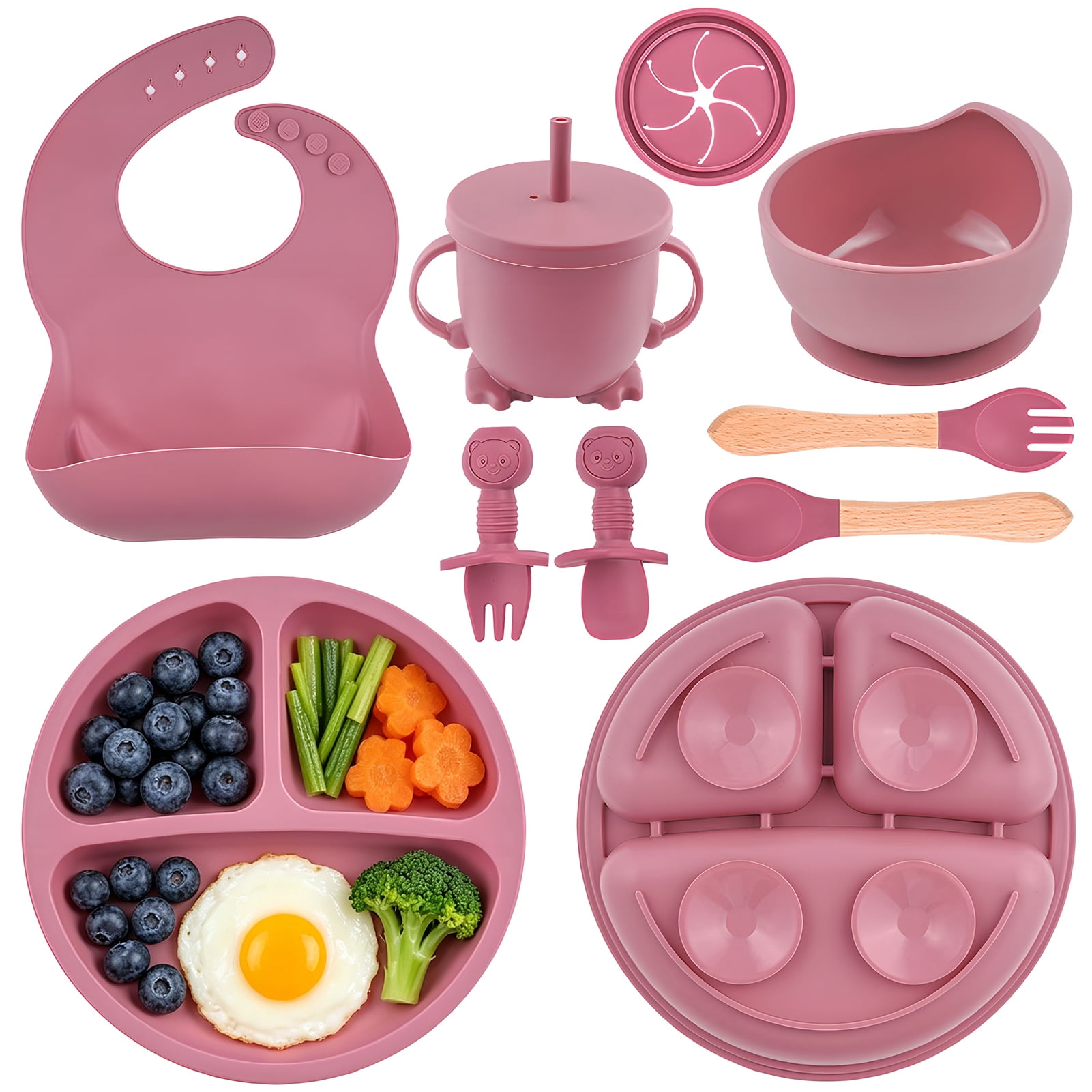 Lumikrypt Silicone Baby Feeding Set, 9 Pcs Baby Led Weaning Utensils, Baby Suction Bowl, Plates, Bib, Spoons Set, Sippy Cup with Straw, Baby Self Feeding Supplies Set