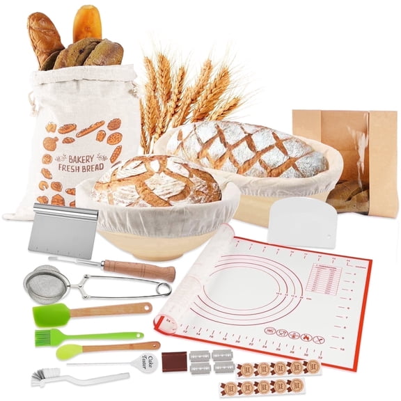 Lumikrypt Sourdough Starter Kit, 27 Pcs Sourdough Bread Baking Supplies, Includes 9-Inch Round & 10-Inch Oval Baskets, Bread Making Tool Set, Gift for Baking Enthusiasts