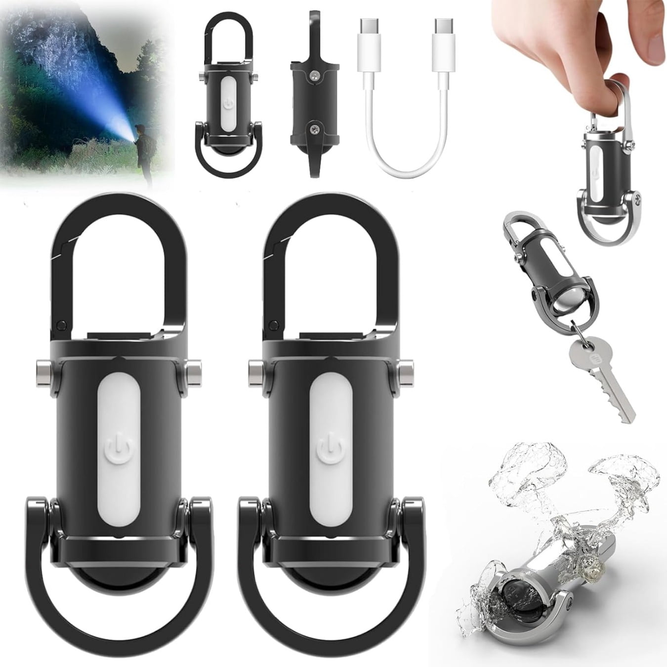 Mini Torcia Portachiavi A LED 3 In 1 Ricaricabile, Power Bank E Torcia Impermeabile, Set Da 2 Pezzi In Acciaio Per Emergenze E Campeggio
