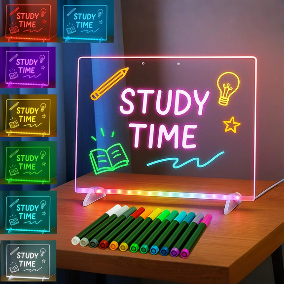 Lumilite LED Drawing Board, Lumilite LED Doodle Board - with 7 Color Pens, DIY Erasable Writing Magic Boards with Adjustable Stand, Neon Acrylic Note Boards with Colors for Kids