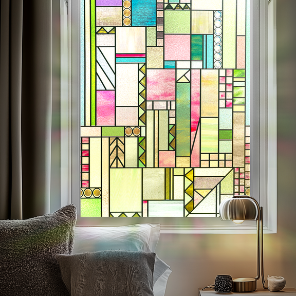 OHTMERU 3D Stained Glass Window Privacy Film, 35.4 x 78.7 Inches, Colourful Abstraction Decorative Window Film