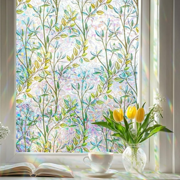 OHTMERU Stained Glass 3D Static Cling Decorative Window Film, Rainbow Leaves, Heat Control, UV Blocking, Non Adhesive