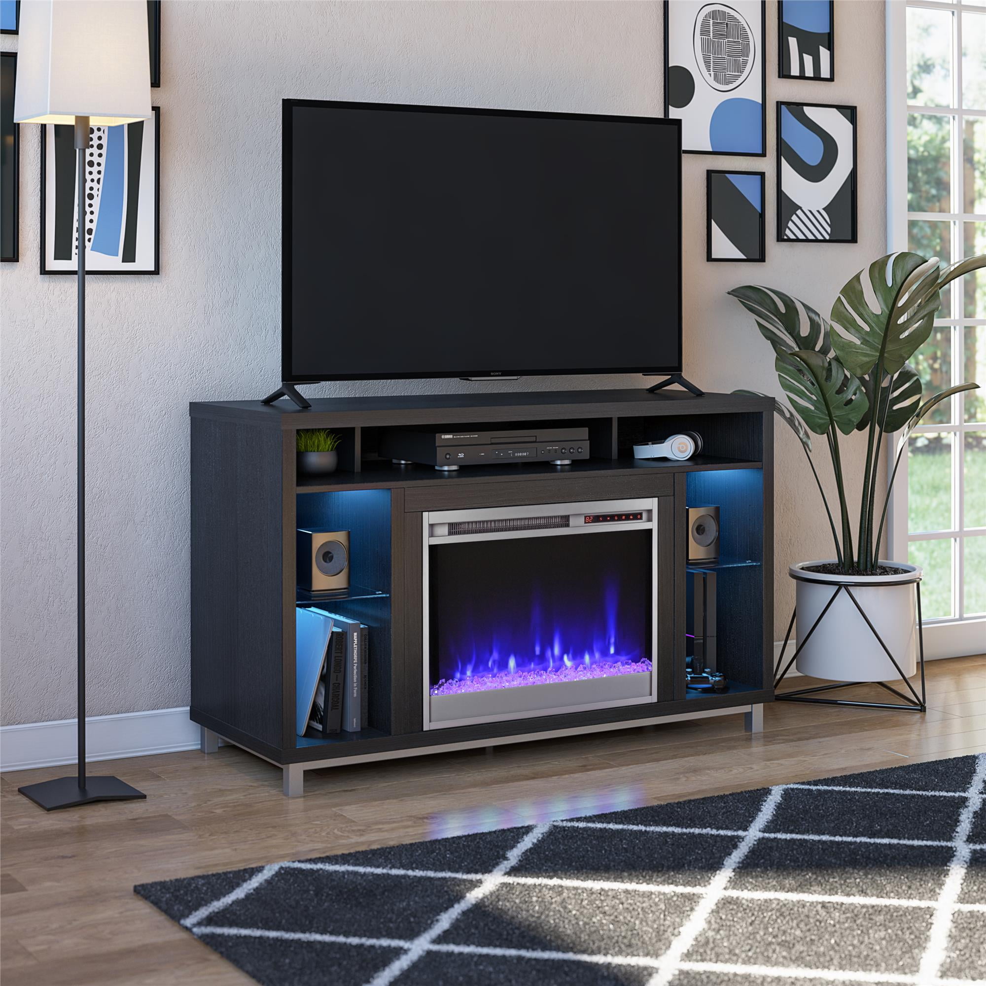 Modern Black Oak Fireplace TV Stand with Colorful Lighting Options