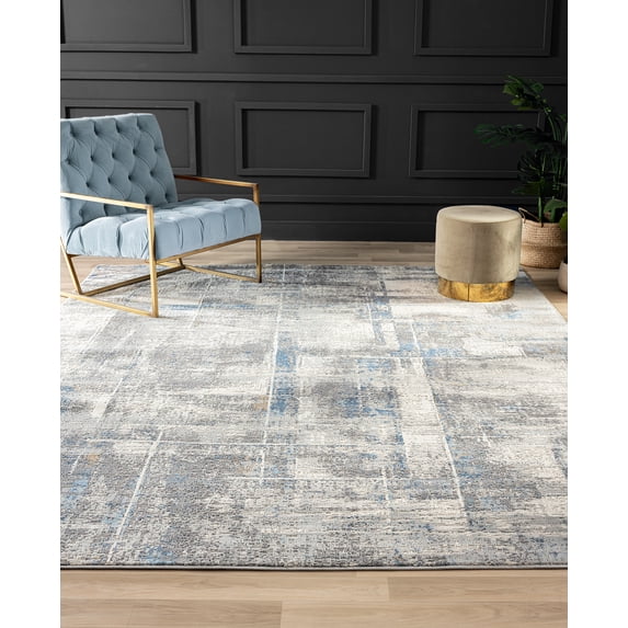 Lumina High-Low Pile Abstract Area Rug Greys/Azure 2' X 3' 2' x 3' Entryway, Bathroom, Bedroom Blue, Off-White, Grey