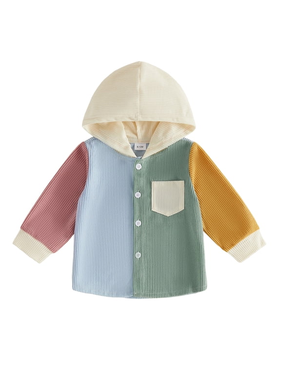 Baby Toddler Boy Lightweight Hooded Jacket 6 12 18 24 Months 2T 3T 4T Contrast Color Button up Corduroy Cardigan