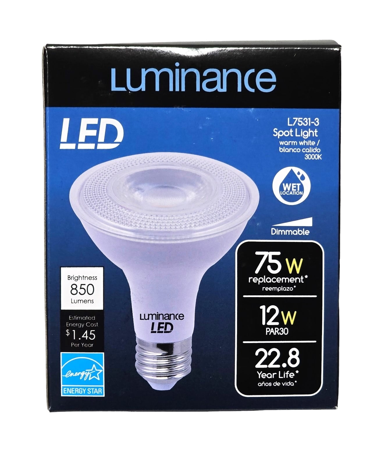 Luminance 91824 LED E26 PAR30 Spot Light 12W-3000K 850 LUMEN L7531-3 ...