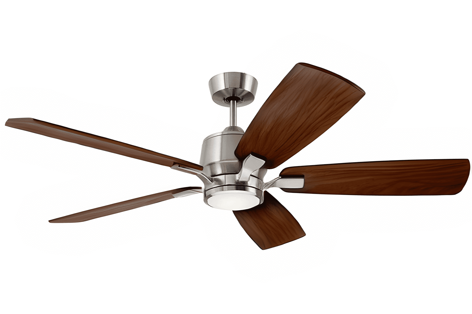 Luminance Kathy Ireland Home Ion Eco LED 60in Ceiling Fan with DC Motor | Hanging Fixture with Dimmable Light Kit, Wall Control, and Downrod Mount |  Brushed Steel  with Walnut Blades