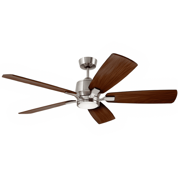 Luminance Kathy Ireland Home Ion Eco LED 60in Ceiling Fan with DC Motor | Hanging Fixture with Dimmable Light Kit, Wall Control, and Downrod Mount | Brushed Steel with Walnut Blades