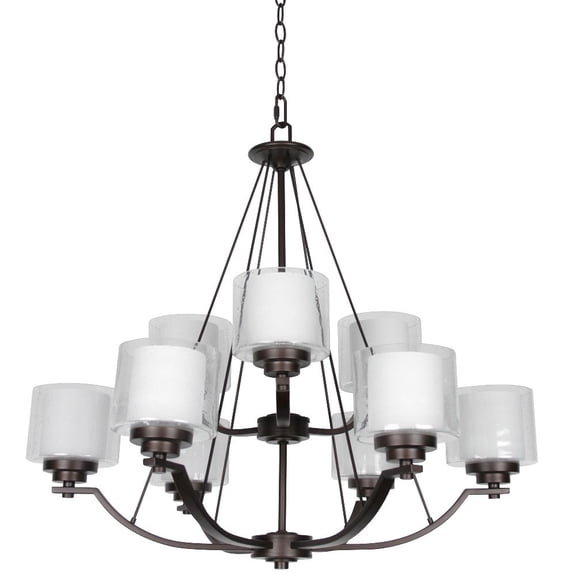 F17009-64-Sunset Lighting-Abbot - 9 Light 2-Tier Chandelier Provincial Bronze Finish with Frosted Opal/Clear Seedy Glass