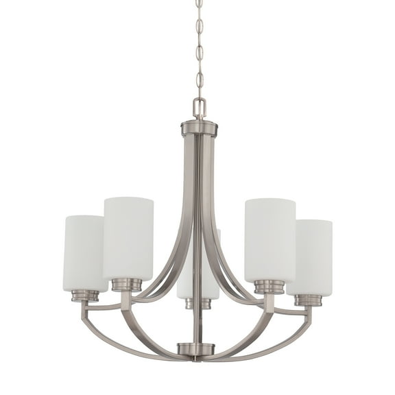 F18005-80-Sunset Lighting-Dalton - 5 Light Chandelier   Bright Satin Nickel Finish with Opal Etched Glass