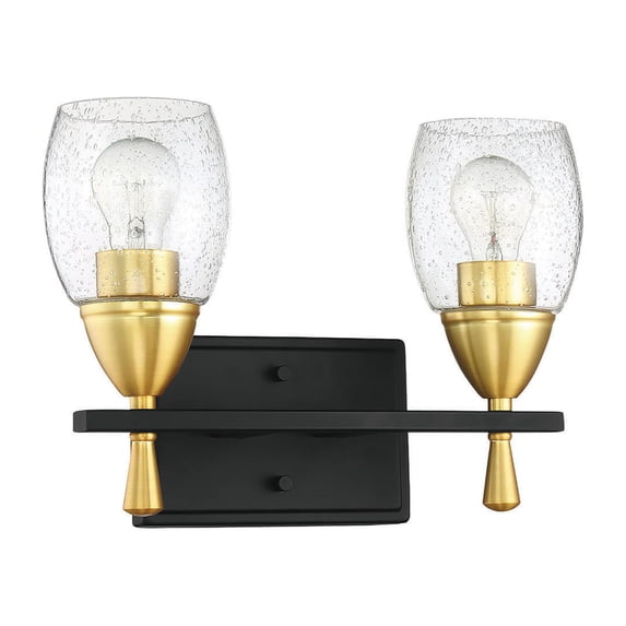 F7532-23-Sunset Lighting-Kelston - 2 Light Bath Vanity Matte Black/Brushed Satin Gold Finish with Clear Seedy Glass