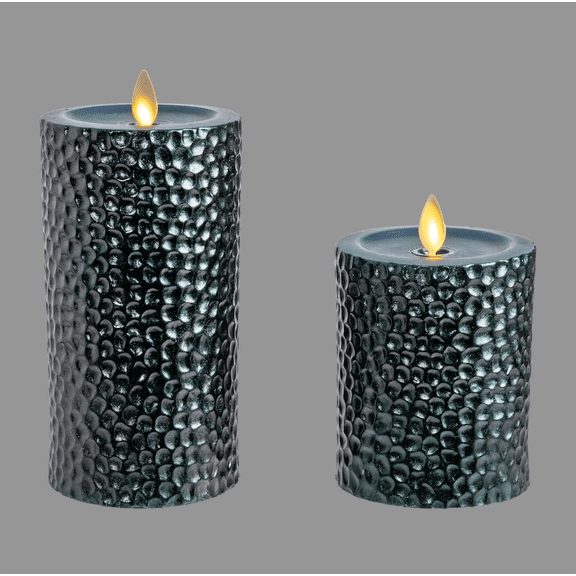 Luminara 2-Piece Flameless 4" and 6" Metal Hammered Pillar Set (Rain Forest)