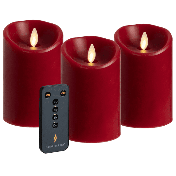 Luminara Moving Wick Flameless Candle – Wine Red Pillar, Set Of 3 Sizes, Remote & Timer
