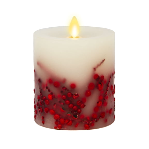 Luminara Moving Flame Red Berry Inclusions LED Pillar Recessed Edge Smooth Wax Unscented (4.5-inch)