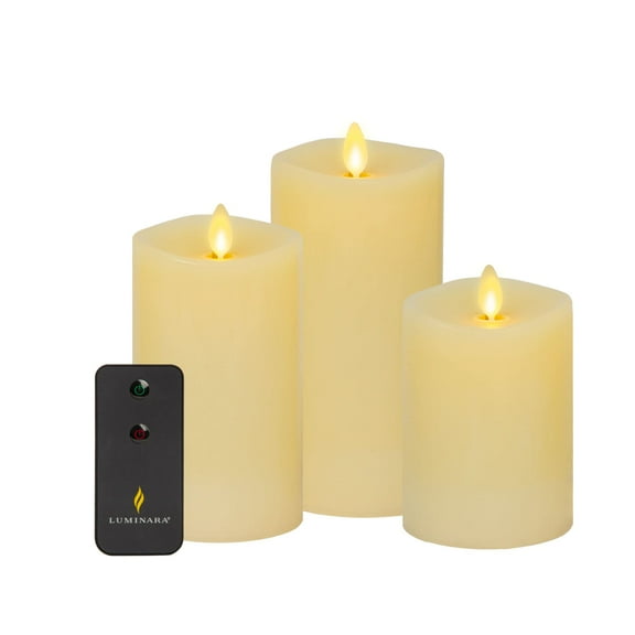 Luminara Realistic Flameless LED Set of 3 Ivory Pillar Candles, Home Safe Moving Flame Melted Top Illumination, Battery Operated Remote Control w/Timer