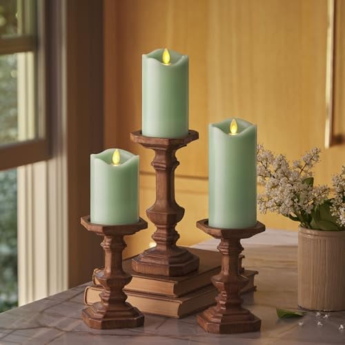 by Luminara Set of 3 (3" x 4.5",5.5",6.5") Flameless LED Flickering Battery Candle Moving Flame Pillar, Melted Edge, Real Wax Smooth Finish (Pastel Green)