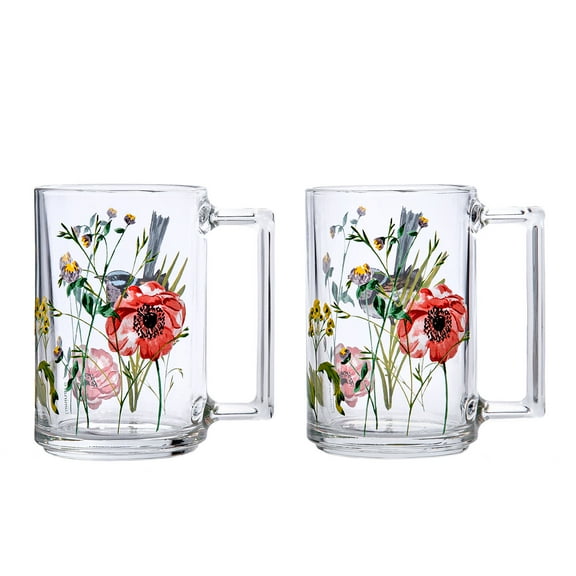 Luminarc Wildflowers Clear Glass Mug Set of 2 Pcs 10.8 fl oz Tea and Coffee Mugs with Floral Pattern Impact-Resistant Glass Floral Tea Cups for Water Coffee Milk Tea 320 ml Rectangular Handle
