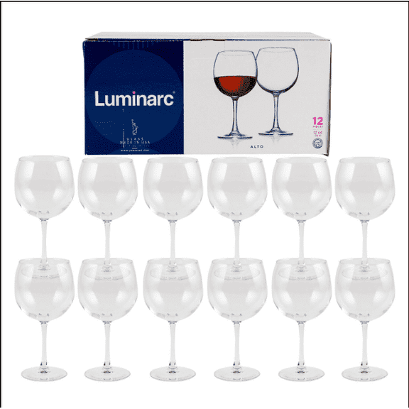 Luminarc Wine Glass Set, 12 oz Clear Stemware Glasses, 12-Piece Drinkware Set for Red & White Wine
