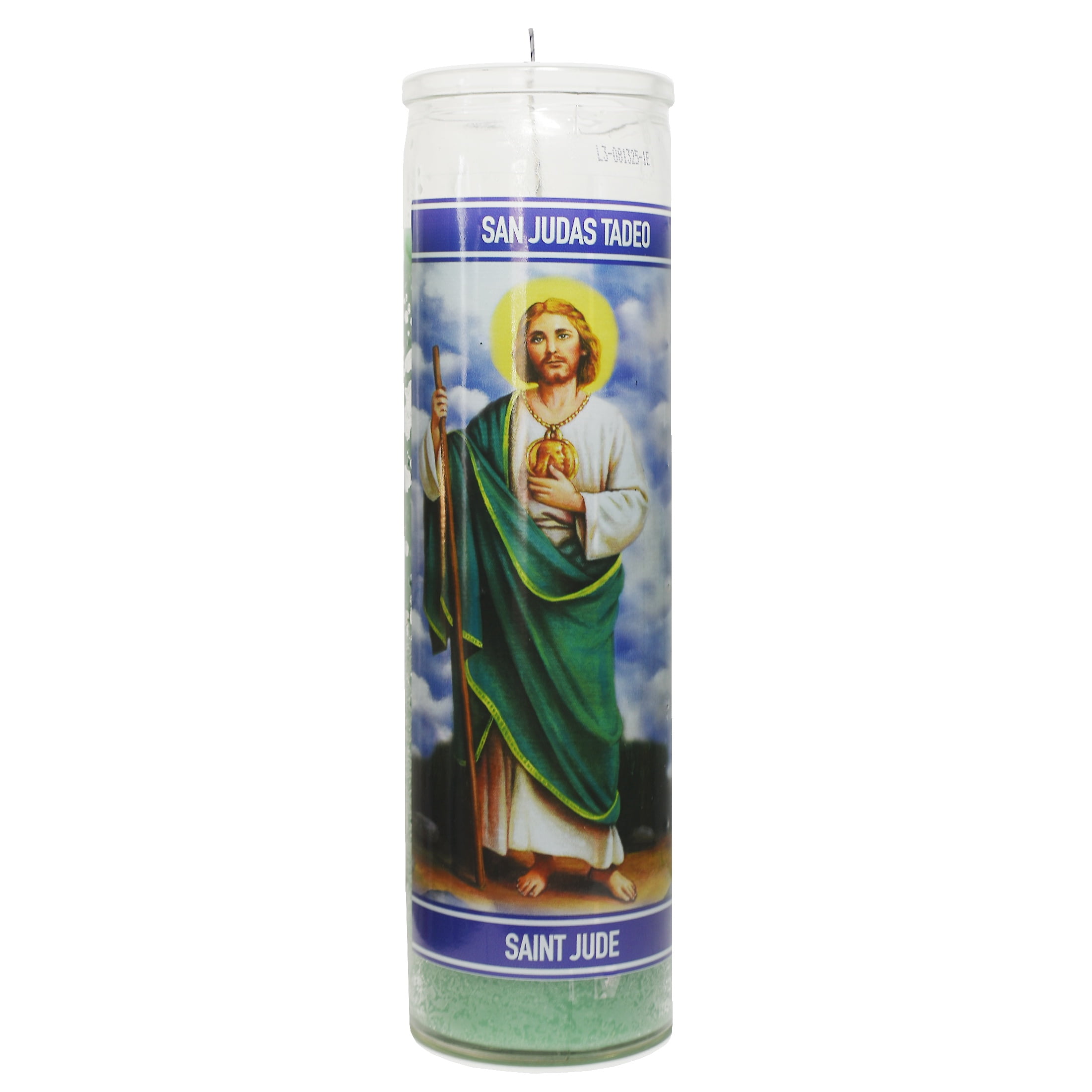 Luminaria San Judas Green Translucent Label Unscented Religious Candle in Glass, 8 inches Tall