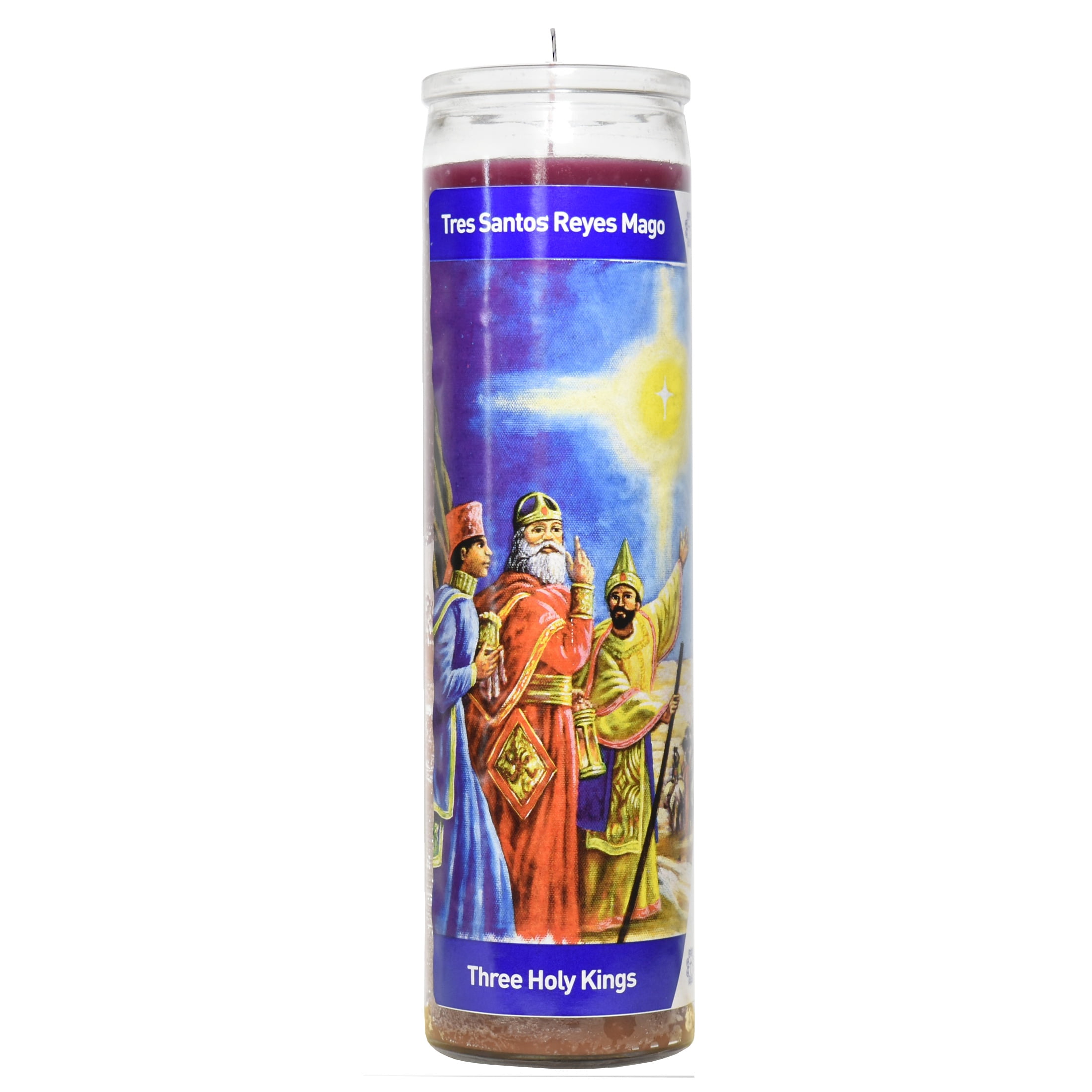 Luminaria Tres Santos Reyes 3 Colors Unscented Religious Candle in Glass, 8 inches Tall