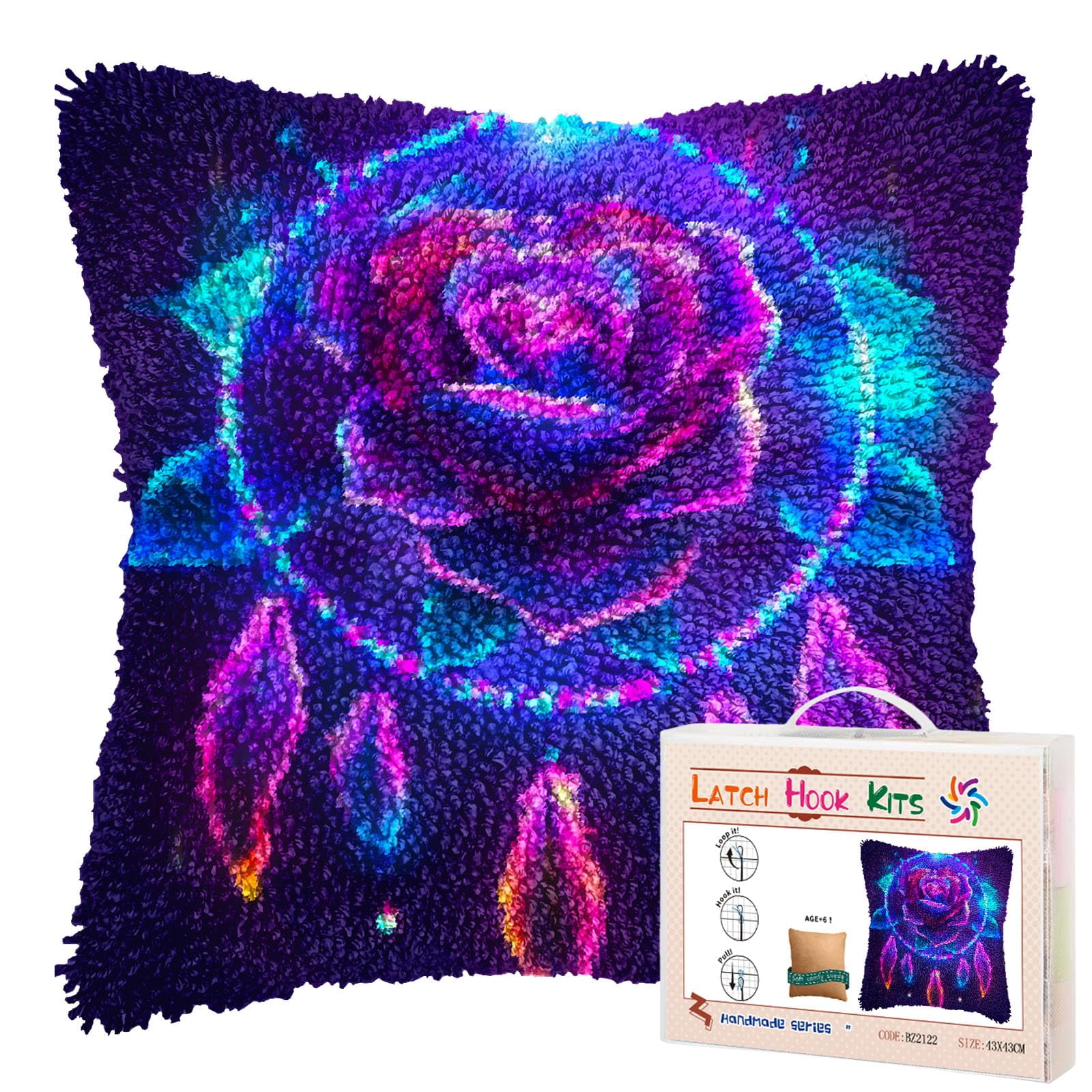 Luminescence Rose DIY Latch Hook Pillow Kits for Adults Printed Pillowcase Crochet Yarns Hooking Handmade Pillow Cover Cushion for Home Sofa Decoration 17x17inch(2)