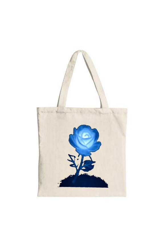 Luminescent Blue Rose Tote Bag - Canvas Reusable Perfect for Shopping Travel & Parties Striking Contrast with Dark Stem & Leaves