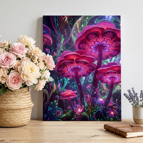 Luminescent Mushroom Canvas Wall Art Framed Wall Decor for Living Room Bedroom Bathroom, Dreamy Fuchsia Floral Plant Canvas Pictures Ready to Hang Decor, 8"x10"