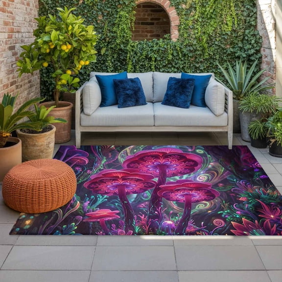 Luminescent Mushroom Indoor Outdoor Rugs 4x6 Ft, Dreamy Fuchsia Floral Plant Outdoor Patio Rugs Mat Washable Outside Area Rugs Carpet for Porch Deck RV Camping Pool Balcony Backyard
