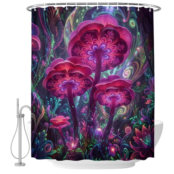 Luminescent Mushroom Shower Curtain for Bathroom, Dreamy Fuchsia Floral Plant Waterproof Cloth Fabric Bathroom Accessories Set with 9 Rust Proof Plastic Hooks, 36"x72"
