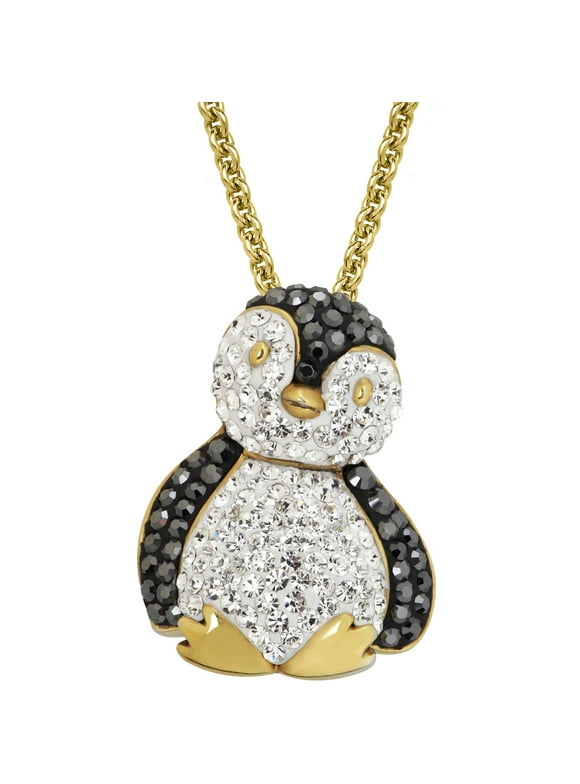 Luminesse Swarovski Element Gold Plated over Sterling Silver Christmas Penguin Pendant, 17"
