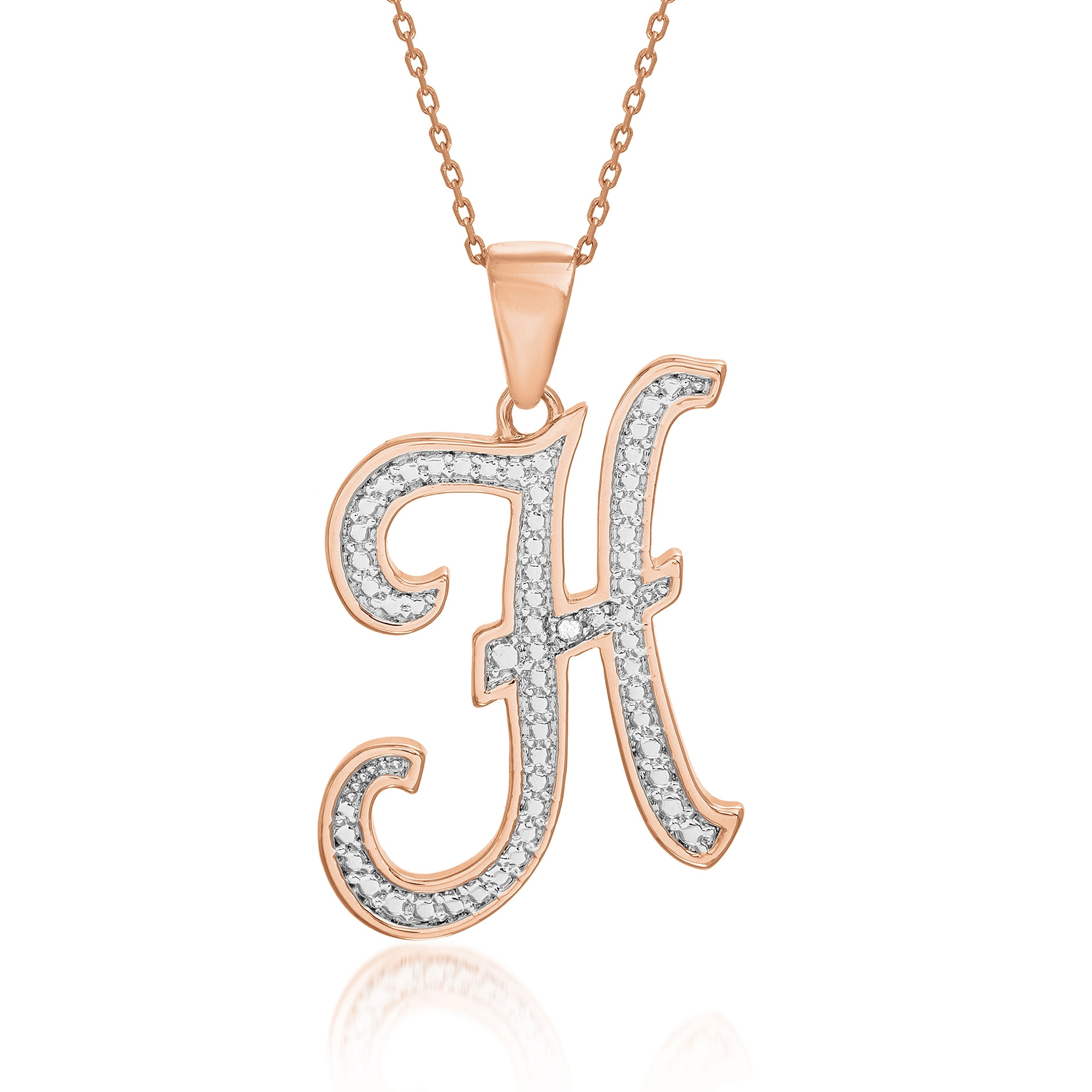 Lumineux Genuine Diamond Accent Initial Necklace for Women in 18K Rose Gold Plated Brass ( Letter H)