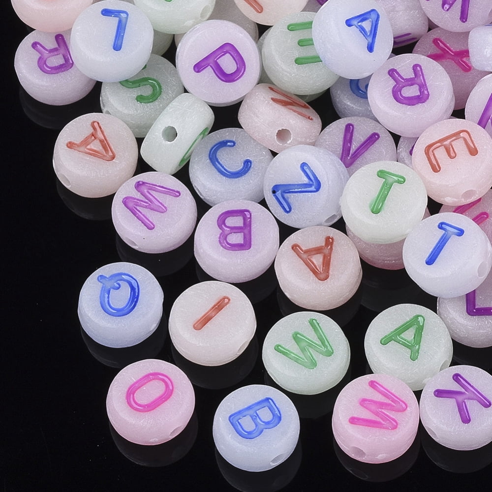 Luminous Acrylic Beads Horizontal Hole Random Mixed Letters Flat Round with Letter Mixed Color 7x3.5~4mm Hole: 1.2mm about 3700pcs/500g