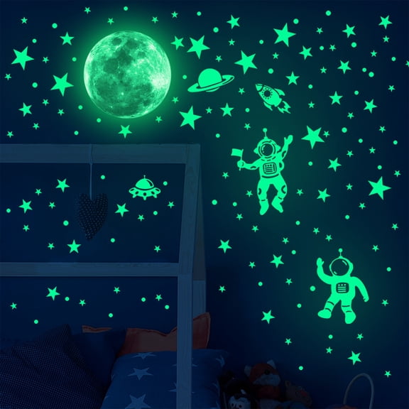 Luminous Astronaut Galaxy Wall Decals, Glow-in-Dark Solar System Stickers with Meteor Rocket Alien Stars, Reusable PVC for Bedroom & Classroom
