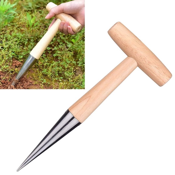 11" Stainless Steel Sow Dibber, Garden Hole Punch Practical Dibble Tool with Wood Handle for Outdoor Loosen Soil Cultivation Migration Planting Seeds Bulbs and Plants, Gifts for Men Women