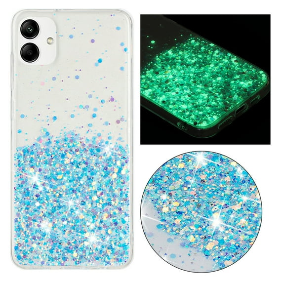 Luminous Case for Samsung Galaxy A05, Glow in the Dark Fluorescent Glitter Case for Women Girls, Bling Sparkle Lightweight Slim Shockproof Protective Phone Cover for Samsung Galaxy A05, Blue