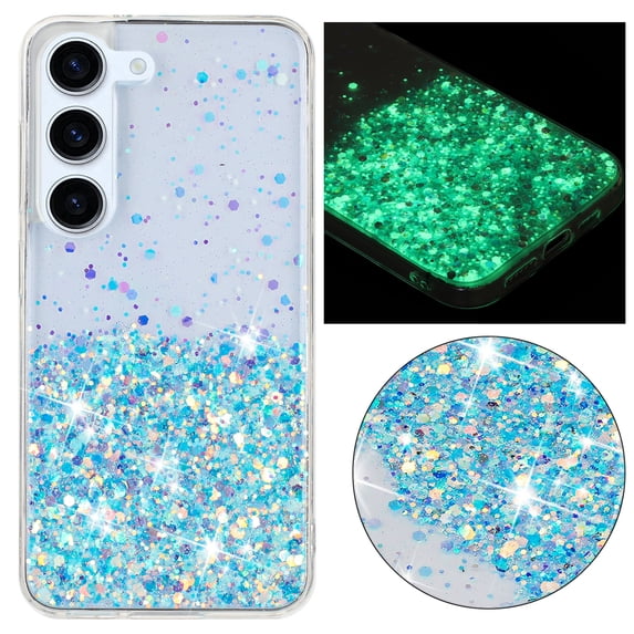Luminous Case for Samsung Galaxy S23, Glow in the Dark Fluorescent Glitter Case for Women Girls, Bling Sparkle Lightweight Slim Shockproof Protective Phone Cover for Galaxy S23, Blue