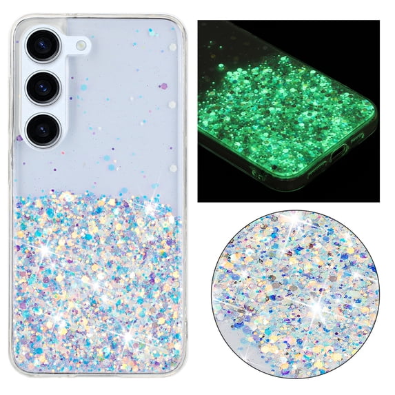 Luminous Case for Samsung Galaxy S23 Plus, Glow in the Dark Fluorescent Glitter Case for Women Girls, Bling Sparkle Lightweight Slim Shockproof Protective Phone Cover for Galaxy S23 Plus, White