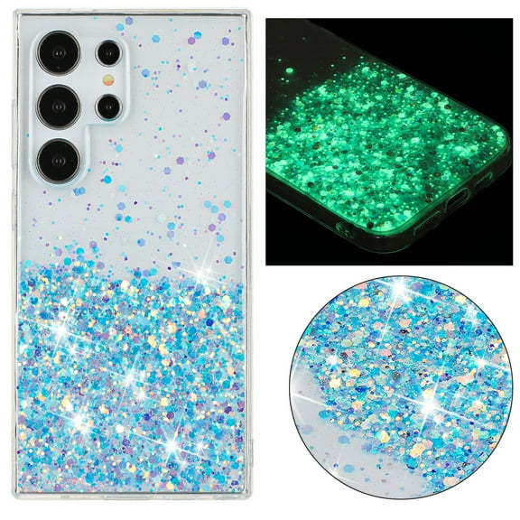 Luminous Case for Samsung Galaxy S24 Ultra, Glow in the Dark Fluorescent Glitter Case for Women Girls, Bling Sparkle Lightweight Slim Shockproof Protective Phone Cover for Galaxy S24 Ultra, Blue