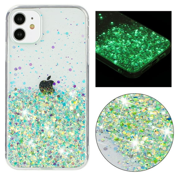 Luminous Case for iPhone 11, Glow in the Dark Fluorescent Glitter Case for Women Girls, Bling Sparkle Lightweight Slim Shockproof Protective Phone Cover for iPhone 11, Green