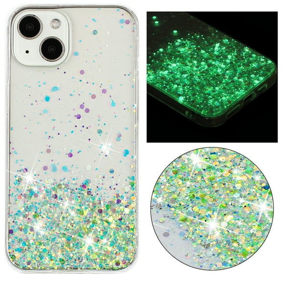 Luminous Case for iPhone 13, Glow in the Dark Fluorescent Glitter Case for Women Girls, Bling Sparkle Lightweight Slim Shockproof Protective Phone Cover for iPhone 13, Green