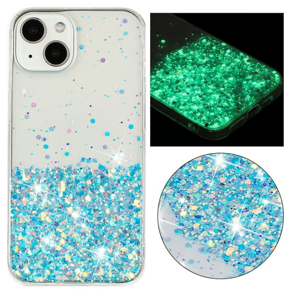 Luminous Case for iPhone 15 Plus, Glow in the Dark Fluorescent Glitter Case for Women Girls, Bling Sparkle Lightweight Slim Shockproof Protective Phone Cover for iPhone 15 Plus, Blue