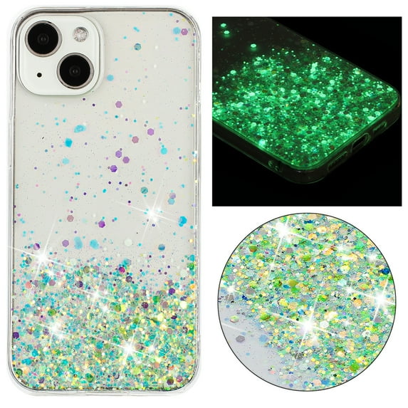Luminous Case for iPhone 15 Plus, Glow in the Dark Fluorescent Glitter Case for Women Girls, Bling Sparkle Lightweight Slim Shockproof Protective Phone Cover for iPhone 15 Plus, Green