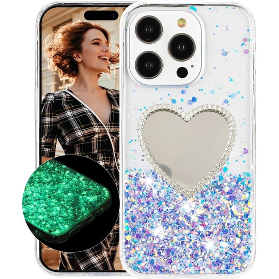 Luminous Case for iPhone 16 Pro Max with Makeup Mirror, Fluorescence Glowing Bling Glitter Heart Soft TPU Slim Cover Case for Apple iPhone 16 Pro Max. YGJ-Purple