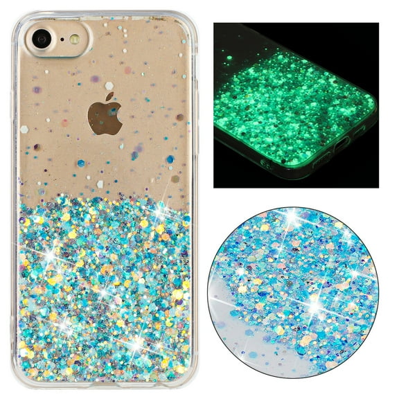 Luminous Case for iPhone 7 / iPhone 8 / iPhone SE 2022 & 2020, Glow in the Dark Fluorescent Glitter Case for Women Girls, Bling Sparkle Lightweight Slim Shockproof Protective Phone Cover, Blue