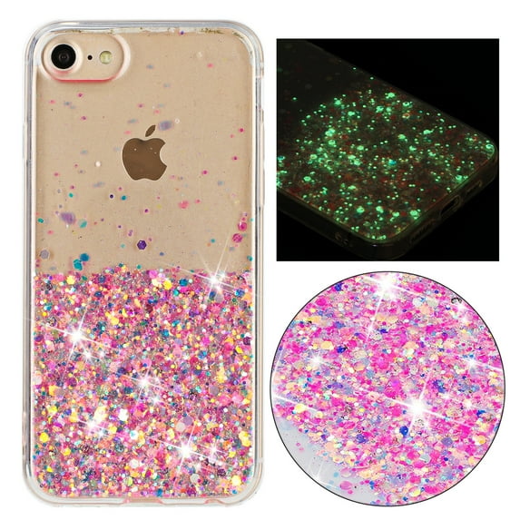 Luminous Case for iPhone 7 / iPhone 8 / iPhone SE 2022 & 2020, Glow in the Dark Fluorescent Glitter Case for Women Girls, Bling Sparkle Lightweight Slim Shockproof Protective Phone Cover, Pink