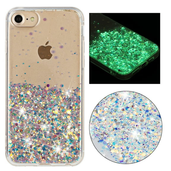 Luminous Case for iPhone 7 / iPhone 8 / iPhone SE 2022 & 2020, Glow in the Dark Fluorescent Glitter Case for Women Girls, Bling Sparkle Lightweight Slim Shockproof Protective Phone Cover, White
