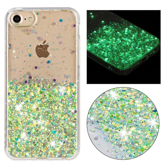 Luminous Case for iPhone 7 / iPhone 8 / iPhone SE 2022 & 2020, Glow in the Dark Fluorescent Glitter Case for Women Girls, Bling Sparkle Lightweight Slim Shockproof Protective Phone Cover, Green