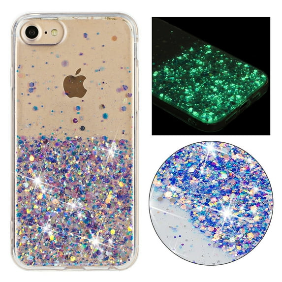 Luminous Case for iPhone 7 / iPhone 8 / iPhone SE 2022 & 2020, Glow in the Dark Fluorescent Glitter Case for Women Girls, Bling Sparkle Lightweight Slim Shockproof Protective Phone Cover, Purple