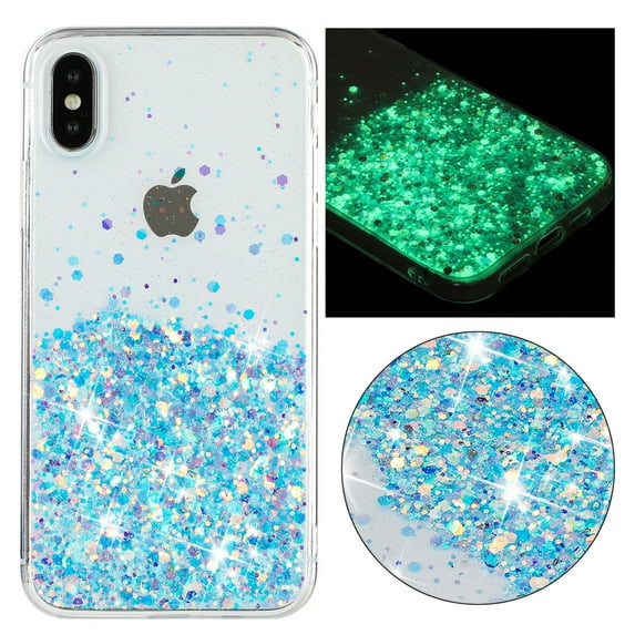 Luminous Case for iPhone XS / iPhone X, Glow in the Dark Fluorescent Glitter Case for Women Girls, Bling Sparkle Lightweight Slim Shockproof Protective Phone Cover for iPhone XS / iPhone X, Blue