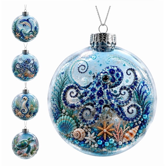 Luminous Christmas Tree Ball Ornament, Ocean Themed Sea Life LED Decor, Coastal Nautical Hanging Decoration for Holiday Tree and Home (Octopus)